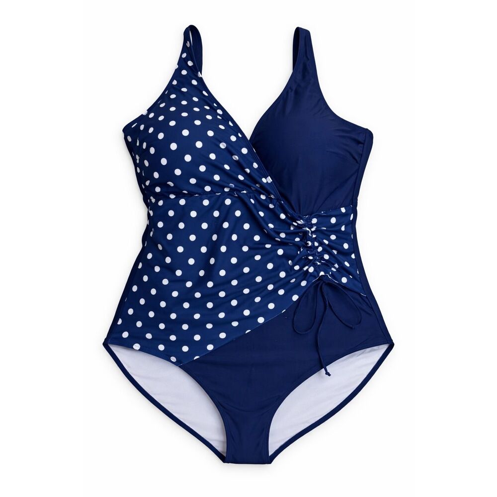 Bloomchic 26 Navy Polka Dot One Shoulder Tummy Control Swimsuit NWT